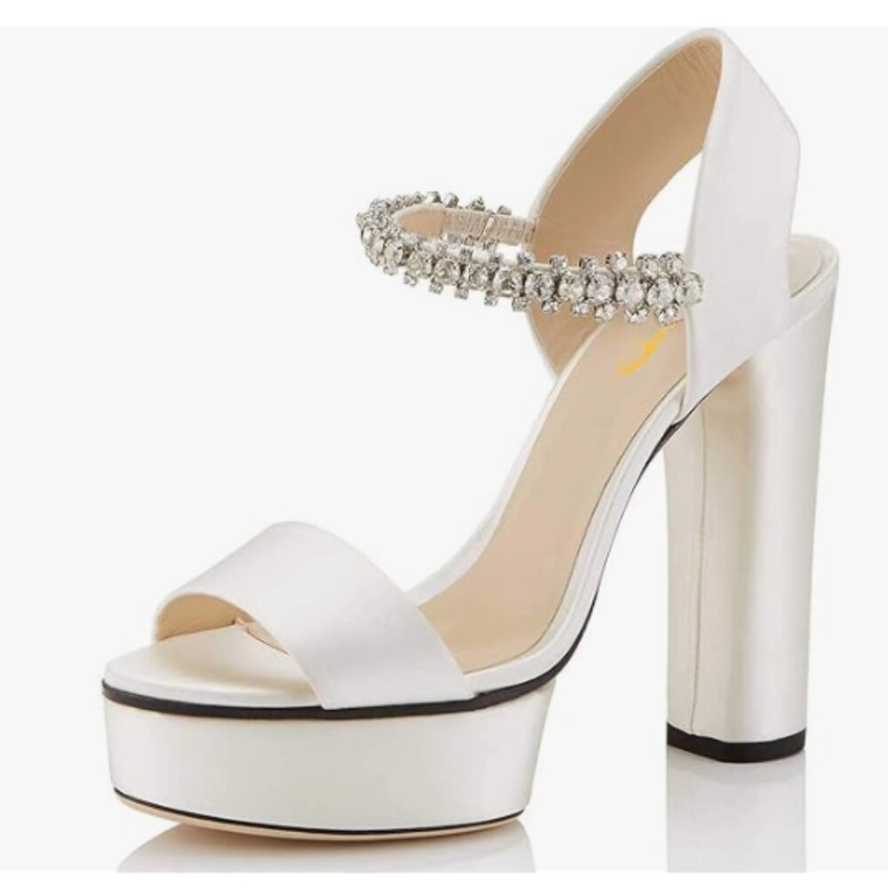 XYD Ivory Sexy Open Toe Strappy Platform Sandal Rhinestone High Chunky Heel Shoe